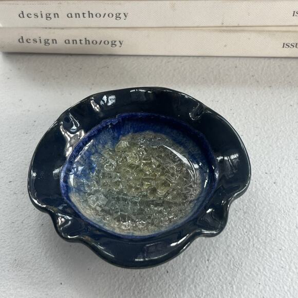 Art Studio Pottery Trinket Ring Dish Ashtray Blue Glaze Geode Crackle Glass - Picture 1 of 11
